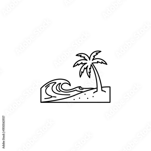 Minimalist Beach Scene Illustration with Palm Tree and Ocean Waves for Travel and Nature Themes