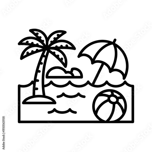 Minimalist Beach Scene Illustration with Palm Tree, Umbrella, and Ball
