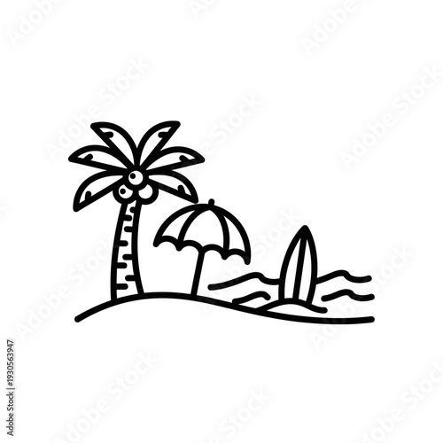 Minimalist Beach Scene Illustration with Palm Tree and Umbrella for Tropical Vacation Theme