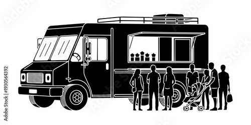 Food Truck Silhouette With People Waiting In Line For Street Food Illustration On Transparent Background