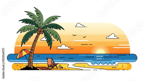 A serene beach scene at sunset with a palm tree, umbrella, and chairs on the shore