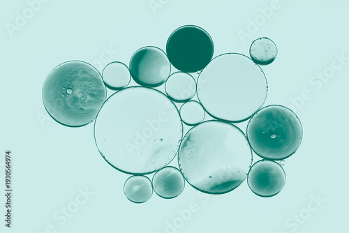 Tableau sur toile Isolated bubbles and oil droplets against a pastel blue-green background