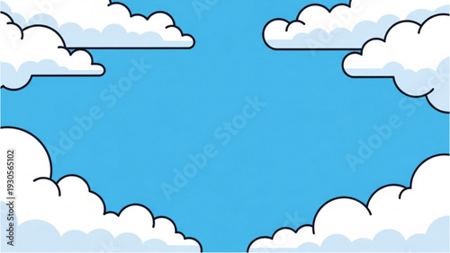 Clouds surrounding a clear blue sky viewed from below with a whimsical illustration style