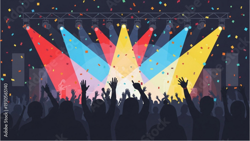 Vibrant concert scene with crowd and colorful stage lights from a low viewpoint