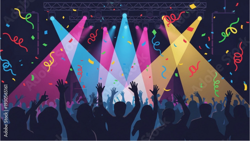 Vibrant concert scene with crowd, lights, confetti, celebration, and stage viewed from behind the audience