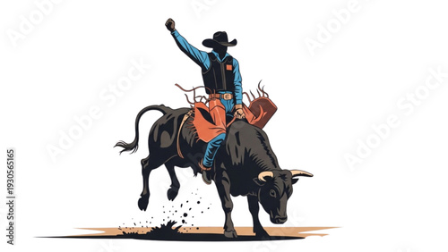 Cowboy riding a bucking bull in a rodeo arena from a side viewpoint