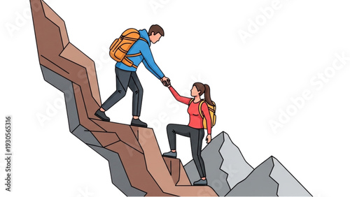 Man Assisting Woman Climbing Steep Mountain Path Together