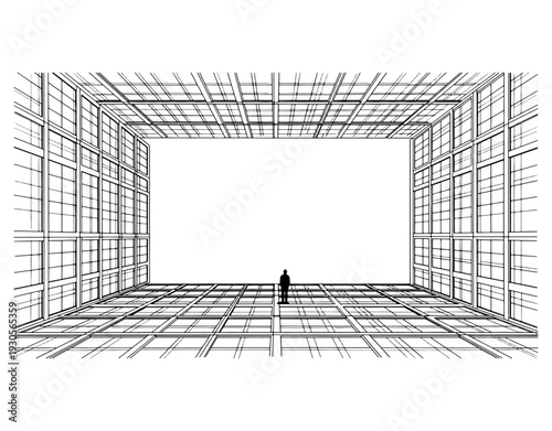 A lone figure standing in an empty, infinite perspective architectural space.