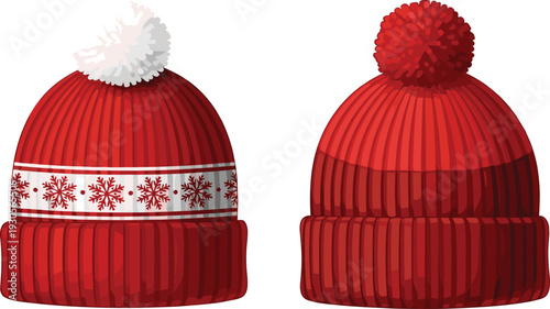 Red winter knitted beanie hat with pompom and snowflake pattern front and back view for seasonal fashion vector illustration.