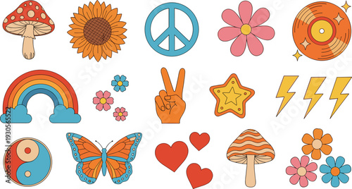 Cuadro en lienzo Retro hippie and boho symbols collection with rainbow, peace sign, vinyl record, mushrooms, flowers, butterfly, and hearts for groovy vintage vector illustration
