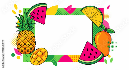 Vibrant summer fruits on a tropical vacation beach template