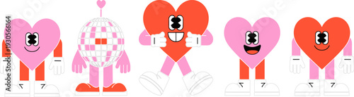 Playful cartoon heart characters illustration, anthropomorphic design with eyes, mouths, arms, legs, colorful whimsical style, personality concept, fun creative artwork