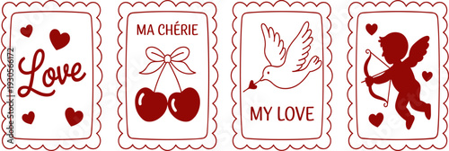 Romantic love illustration, Valentine’s Day art, cupid silhouette design, dove with heart drawing, cherries with bow artwork, red romance decoration, heartfelt card design