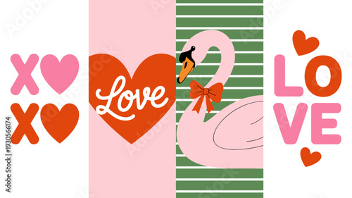 Romantic love collage illustration, Valentine’s Day artwork, swan with bow design, heart symbol drawing, love text decoration, colorful affection artwork, festive romantic theme