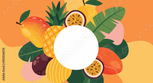 Vibrant summer vacation template with tropical fruits on a sunny beach