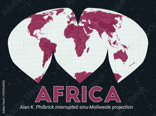 Africa. World map. Alan K. Philbrick interrupted sinu-Mollweide projection centered to Africa. Pale Mint Dark Pink palette. Vintage texture. Vibrant vector illustration.