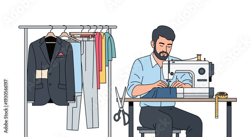 A focused tailor diligently works at his sewing machine surrounded by garments on a rack silhouette high quality professional detailed modern