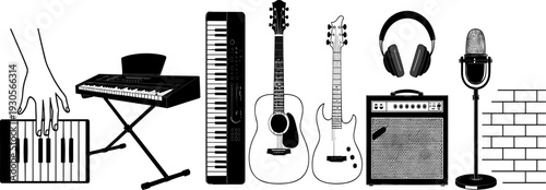 Musical instruments and audio equipment illustration, keyboard, piano, synthesizer, acoustic guitar, electric guitar, headphones, amplifier, microphone, brick wall, music production art composition