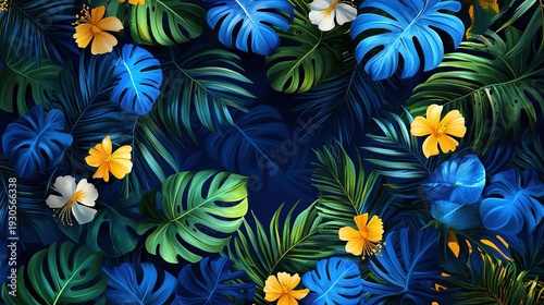 Tropical Floral Pattern with Monstera Leaves and Hibiscus Flowers on Dark Background