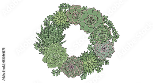 A vibrant wreath composed of various succulent plants forming a circular botanical arrangement silhouette high quality professional detailed modern elegant