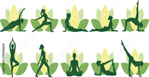 Set of female yoga poses silhouettes with lotus leaves background for wellness, meditation, fitness, and healthy lifestyle vector illustration.