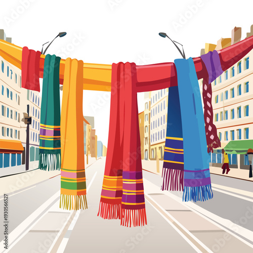 Colorful scarves displayed on a clothesline in an urban setting