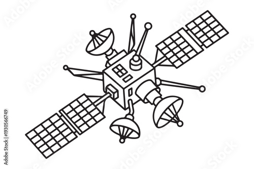 Simple line drawing of a functional satellite with solar panels