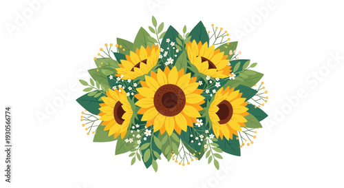 A vibrant arrangement of yellow sunflowers and lush green foliage creates a cheerful stylized floral display silhouette high quality professional detailed