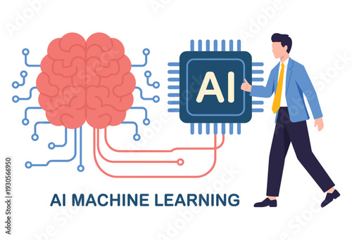AI machine learning and neural network technology concept showing human collaboration with artificial intelligence, businessman connecting human brain with AI chip processing unit, innovation and tech