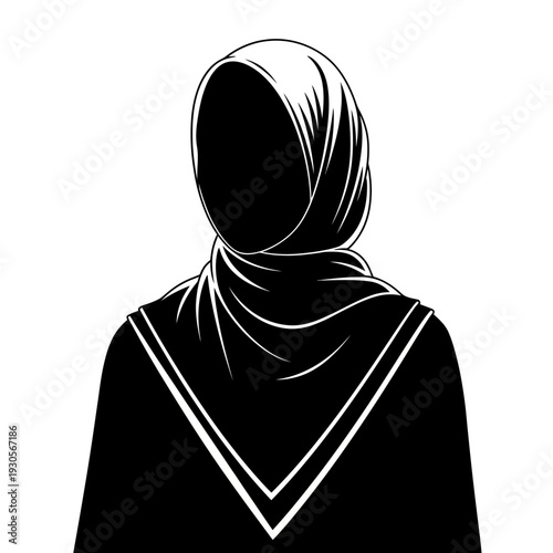 Elegant Black and White Silhouette of a Woman Wearing a Hijab.