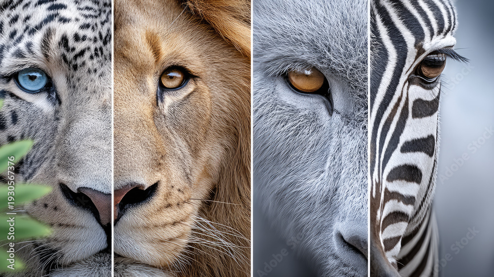 Fototapeta premium Wild animals compilation featuring deer, lion, zebra, and lioness, each portrait capturing distinct expressions, representing biodiversity and wildlife conservation