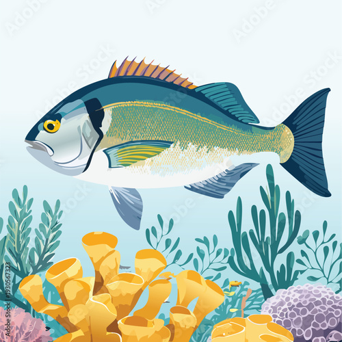 Colorful illustration of a fish swimming near coral reefs