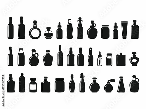 Large Collection of Various Bottle Silhouettes and Containers Vector Set