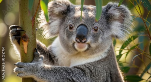 Close-up of a koala clinging to a eucalyptus tree trunk in Australia