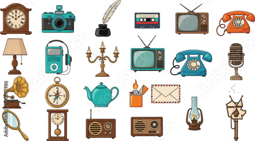 Vintage retro objects collection with camera, telephone, radio, gramophone, clock, television, and antique decor elements for nostalgic design vector illustration.