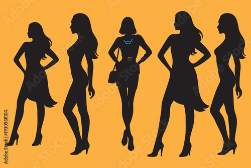 Minimalist female silhouettes, elegant fashion-inspired poses on orange background, accessorized modern figures with handbag and necklace, stylish contemporary wall decor illustration