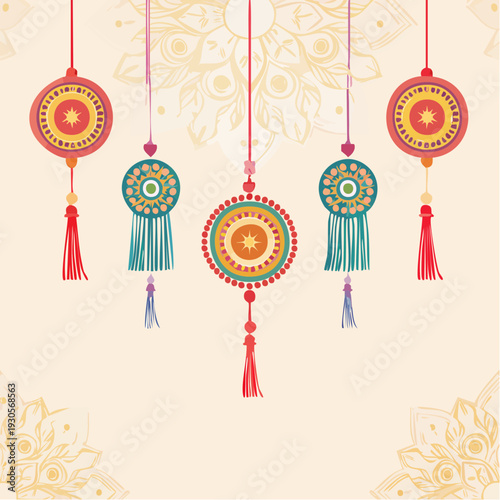 Festive hanging ornaments with tassels and mandala patterns on a soft background, a graceful celebration of cultural heritage, Raksha Bandhan