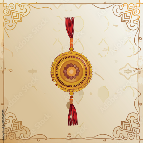 Elegant illustration of a traditional Indian Rakhi, a decorative and colorful thread, against a minimalist ornate background, celebrating the cultural festival of Raksha Bandhan