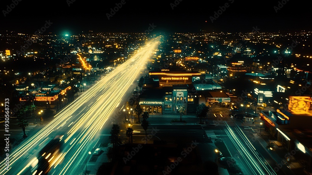 Obraz premium Aerial View of Urban Nightscape with Light Trails on Road