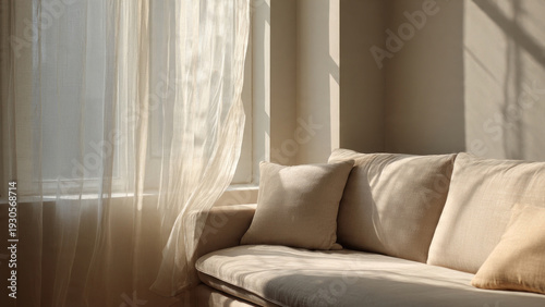 Soft morning light filters through sheer curtains onto a comfortable sofa in a serene living room interior with pillows.