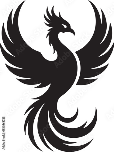 Majestic flying phoenix bird mythical creature illustration in black silhouette on isolated background