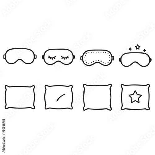  Sleep Mask and Pillow Line Icon Set Vector, Minimalist Eye Mask and Decorative Cushion Illustration for Relaxation and Night Rest on White Background