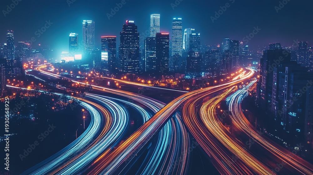 Fototapeta premium Nighttime Cityscape with Light Trails at Highway Interchange