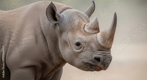 Close-up Portrait of a Black Rhinoceros with Large Horns in Natural Habitat