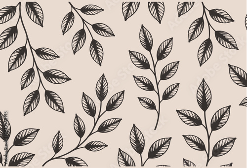 Elegant seamless leaf pattern with hand drawn black branches on cream background for minimalist botanical wallpaper and textile print