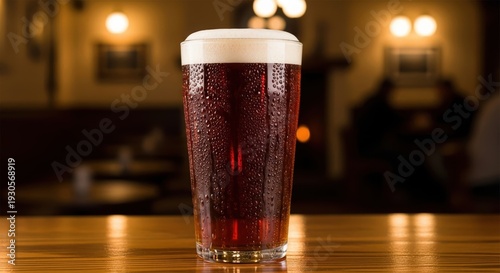 Cold Amber Ale With Frothy Head on Bar Top Pub Atmosphere