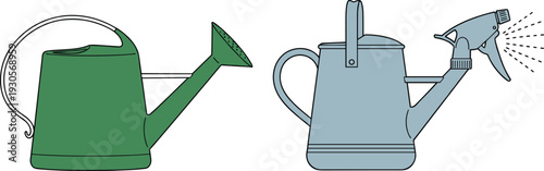 Watering can set with garden irrigation tools and spray nozzle for plant care, gardening, and home horticulture vector illustration.