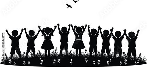 Happy children silhouettes with raised hands standing on grassy field with flowers and flying birds, joyful childhood and freedom concept in black and white illustration