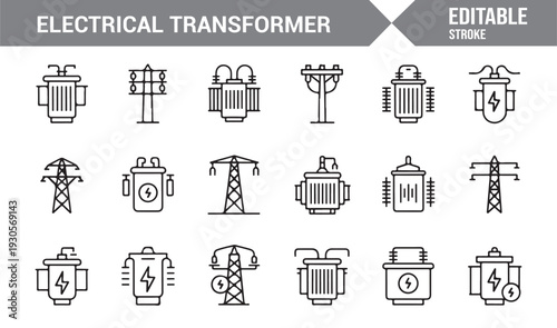 Electrical Transformer Outline Icons Collection with Editable Stroke