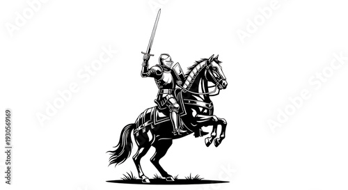 A knight on horseback wielding a sword in a dynamic pose isolated on transparent background, isolated on white background, Vector, illustration